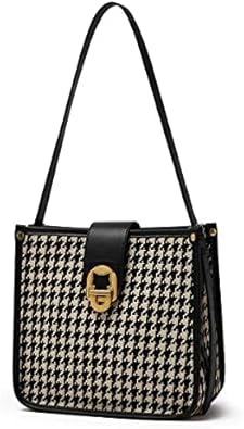 FOXLOVER Houndstooth Fabric Shoulder Bag for Women Top Handle Bucket Purse Casual Retro Portable Adjustable Straps