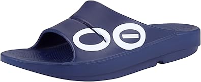 OOFOS OOahh Sport Slide Sandal, Navy White - MenÔÇÖs Size 10, WomenÔÇÖs Size 12 - Lightweight Recovery Footwear - Reduces Stress on Feet, Joints & Back - Machine Washable - Hand-Painted Graphics