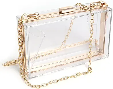 WJCD Women Clear Purse Acrylic Box Clutch Handbag, Small Transparent Crossbody Evening Bag Stadium Approved Gold Chain Strap