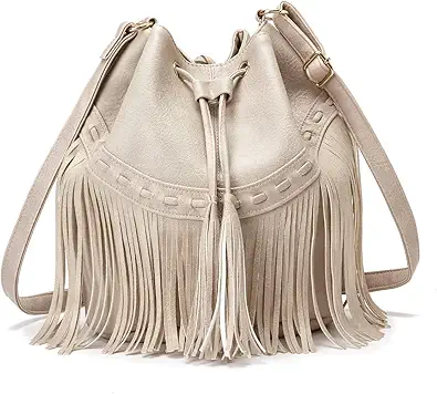Leather Bucket Bags for Women Crossbody Fringe Purses with Drawstring Ladies Tassel Hobo and Shoulder Handbags