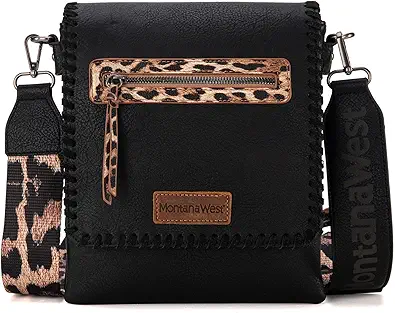 Montana West Crossbody Bags for Women with Dual Compartments Western Cross Body Purse with Leopard Print Guitar Strap