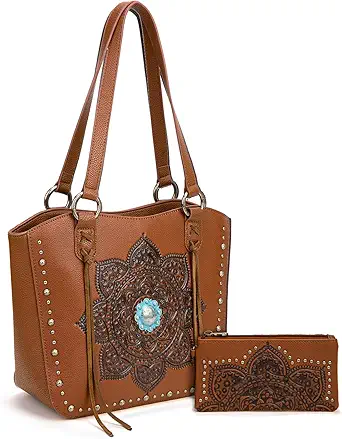 Montana West Western Tooling Tote Bag with Wallet Set for Women Vintage Studded Top Handle Shoulder Handbag