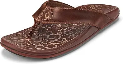 OLUKAI Mekila Men's Beach Sandals, Full-Grain Leather Flip-Flop Slides, Compression Molded Footbed & Comfort Fit, Enhanced Grip Soles