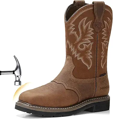 HISEA NINGO Men's Western Cowboy Boots Waterproof Square Toe Steel/Soft Toe Work Boots Men's Slip On Pull On Safety Toe Leather Work Boots for Construction Farming