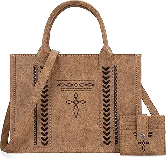 Montana West Longhorn Whipstitch Western Top Handle Tote Bag with Card Wallet Set