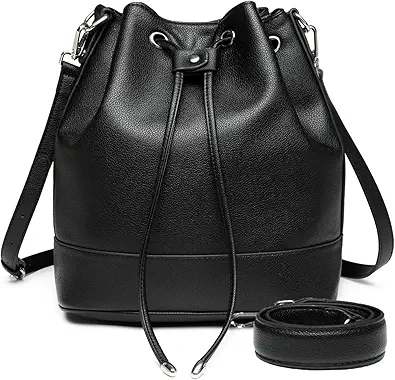 AFKOMST Leather Bucket Bags and Drawstring Crossbody Purse for Women Medium Tote and Hobo Handbags with 2 Shouder Straps