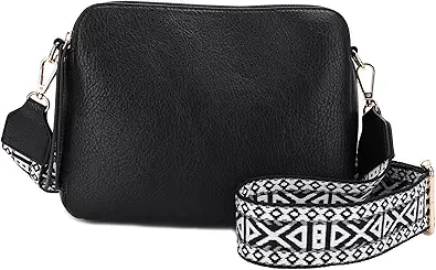 JESSIE & JAMES Rebecca Triple Compartment Lock and Key Lightweight Medium Crossbody Purse with Guitar Strap