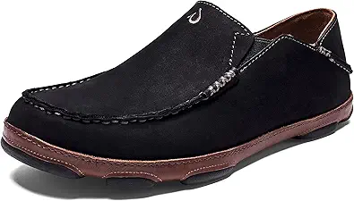 OLUKAI Moloa Men's Premium Leather Shoes, Easy Slip On & Off Design, Casual & Versatile Loafer, Drop-in Heel & Enhanced Traction, Black/Toffee, 11.5