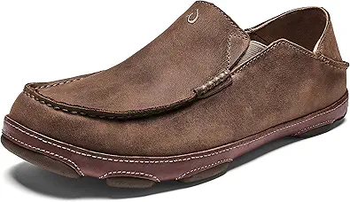 OLUKAI Moloa Men's Premium Leather Shoes, Easy Slip On & Off Design, Casual & Versatile Loafer, Drop-in Heel & Enhanced Traction, Ray/Toffee, 8