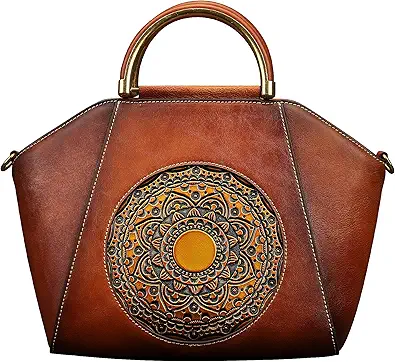 Women Genuine Leather Handbags, Organizer Retro Vegetable Tanning leather Satchel Vintage Embossing Totem Shoulder Bag