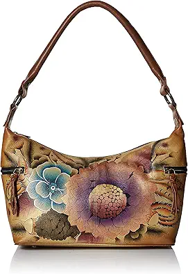 Anna by Anuschka Women's Genuine Leather, Hand Painted - Medium East-West Hobo, Zip-Top Shoulder Bag